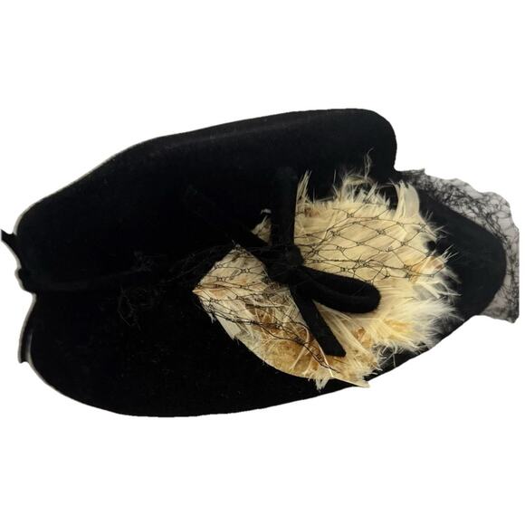 Vintage Black Velour Feather Hat Veil Netting Phipps Peachbloom Retro 1950 1960 - Picture 3 of 8